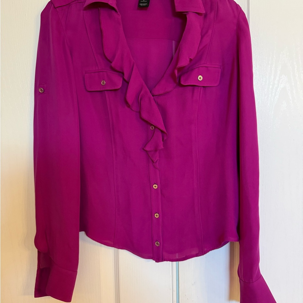 White House Black Market Magenta Silk Ruffle Blouse